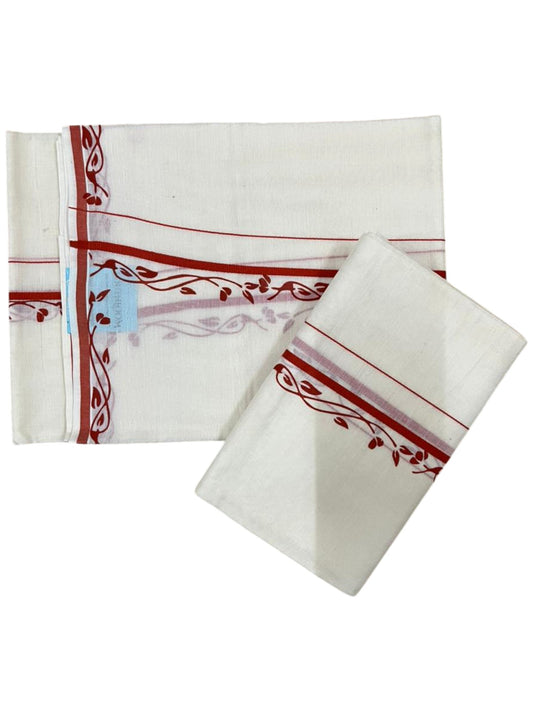 Southloom Pure Cotton Kerala Single Set Mundu (Mundum Neriyathum) with Digital Prints in Orange 2.80 Mtrs SL359