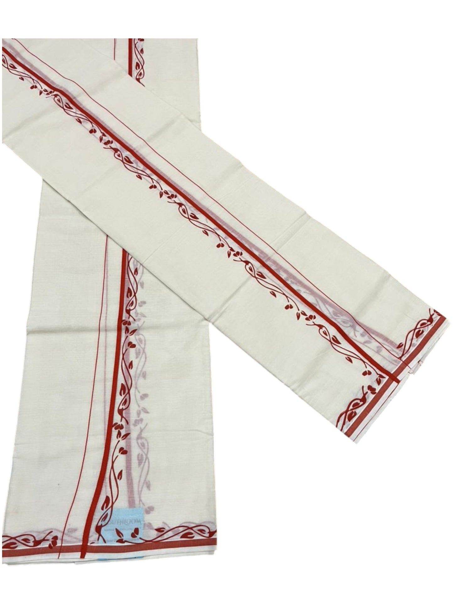 Southloom Pure Cotton Kerala Single Set Mundu (Mundum Neriyathum) with Digital Prints in Orange 2.80 Mtrs SL359