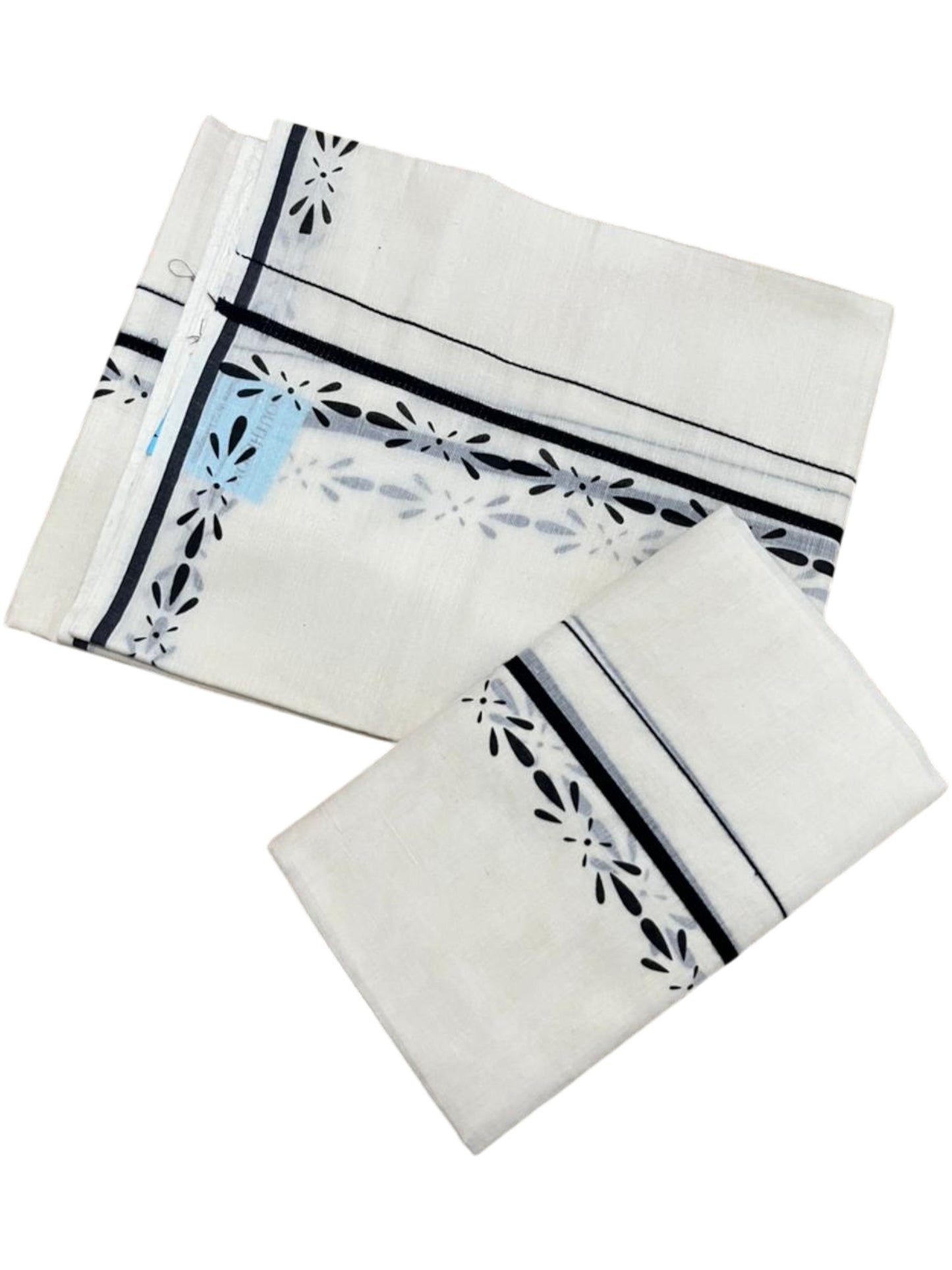 Southloom Pure Cotton Kerala Single Set Mundu (Mundum Neriyathum) with Digital Prints in Black 2.80 Mtrs SL359