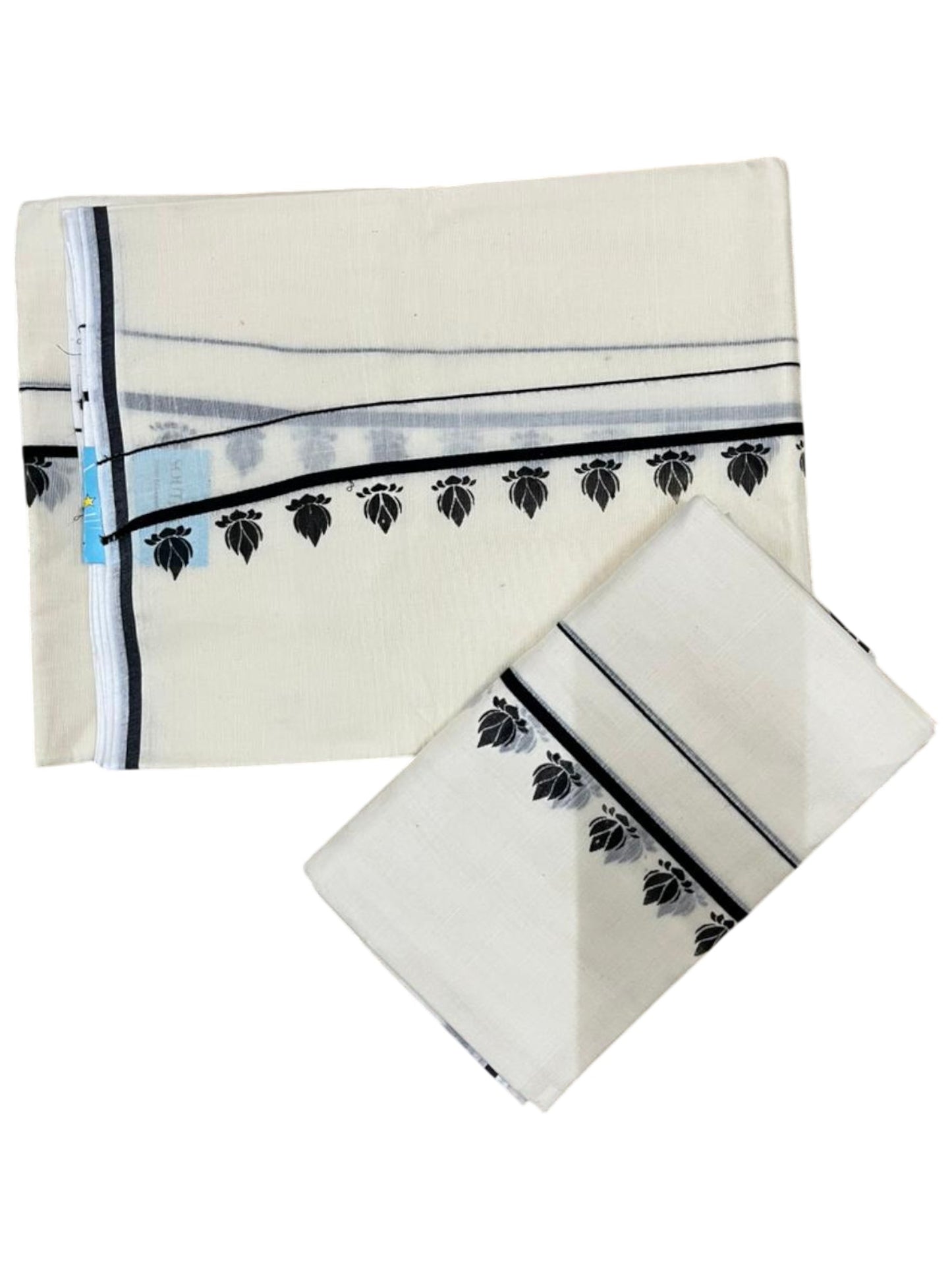 Southloom Pure Cotton Kerala Single Set Mundu (Mundum Neriyathum) with Digital Prints in Black 2.80 Mtrs SL359