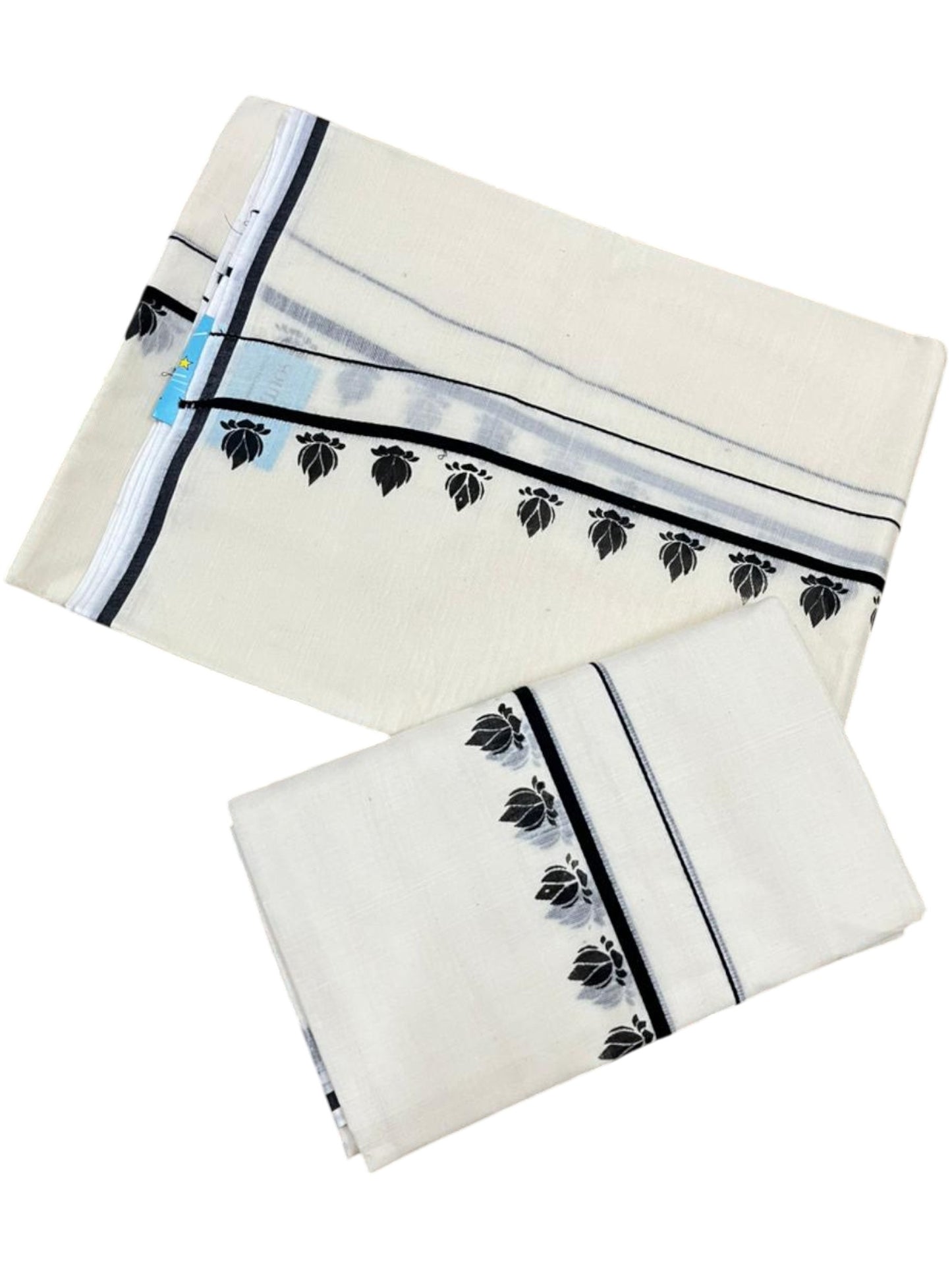 Southloom Pure Cotton Kerala Single Set Mundu (Mundum Neriyathum) with Digital Prints in Black 2.80 Mtrs SL359