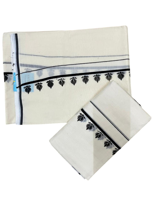 Southloom Pure Cotton Kerala Single Set Mundu (Mundum Neriyathum) with Digital Prints in Black 2.80 Mtrs SL359