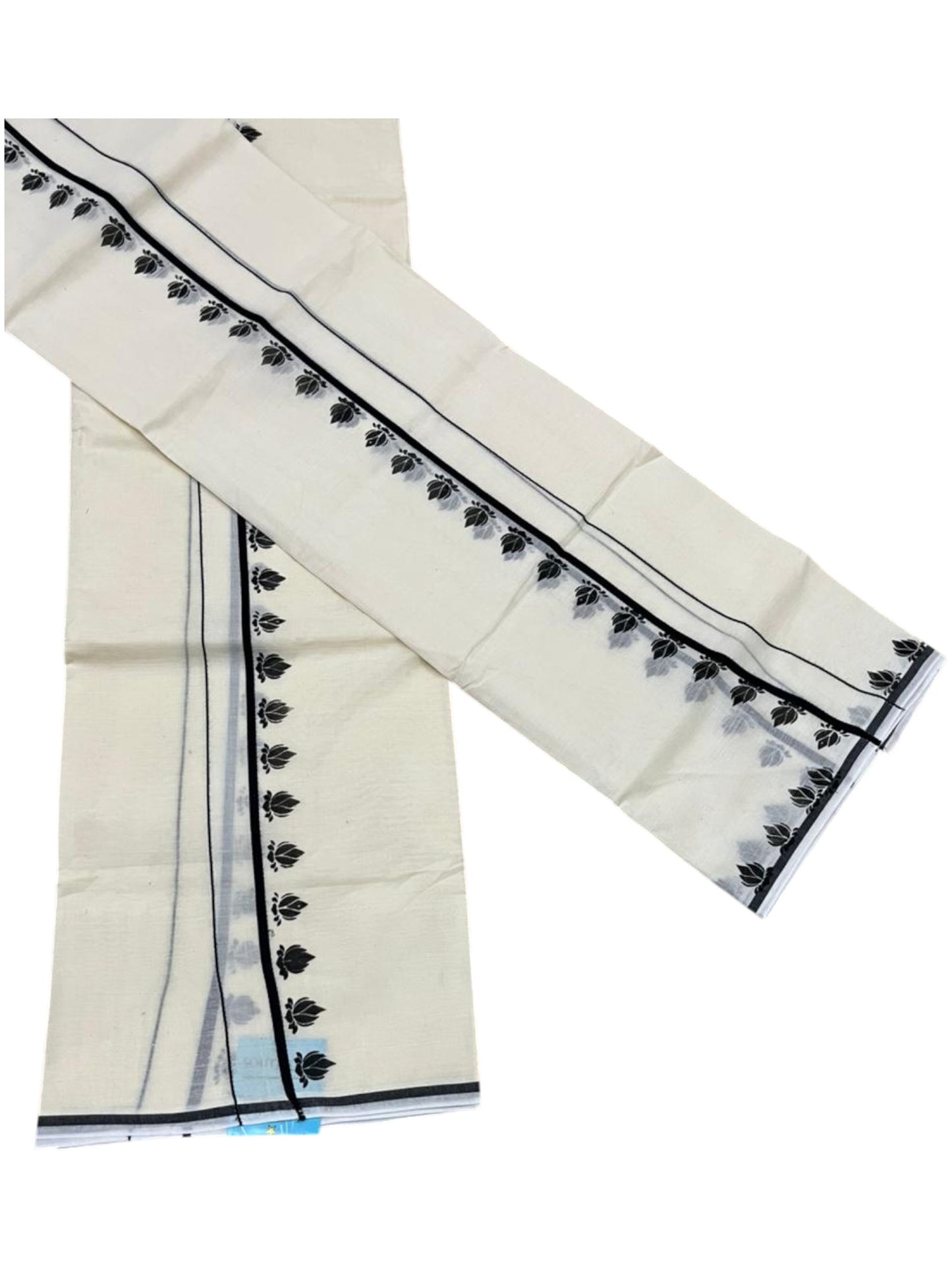 Southloom Pure Cotton Kerala Single Set Mundu (Mundum Neriyathum) with Digital Prints in Black 2.80 Mtrs SL359