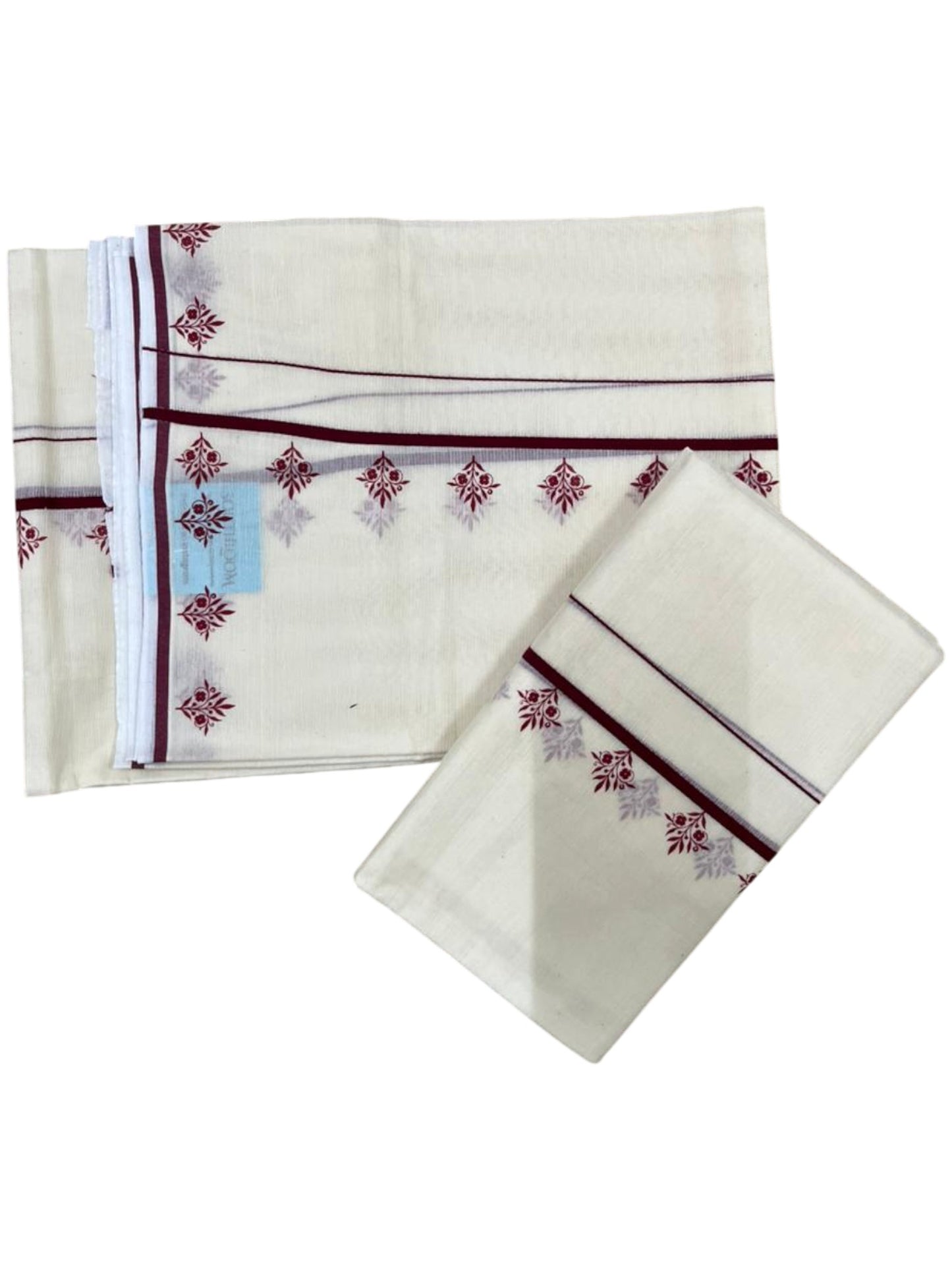 Southloom Pure Cotton Kerala Single Set Mundu (Mundum Neriyathum) with Digital Prints in Maroon 2.80 Mtrs SL359