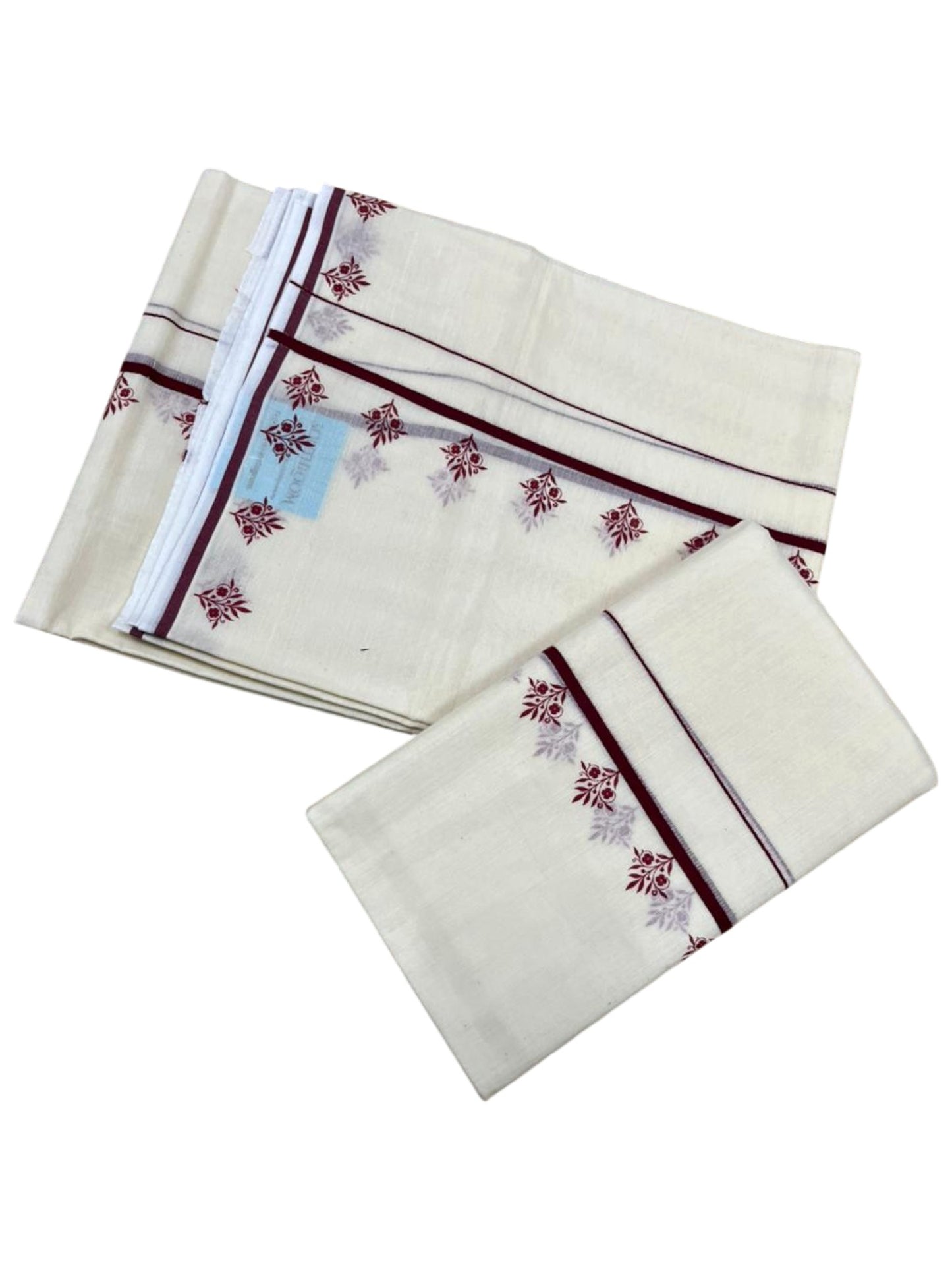 Southloom Pure Cotton Kerala Single Set Mundu (Mundum Neriyathum) with Digital Prints in Maroon 2.80 Mtrs SL359