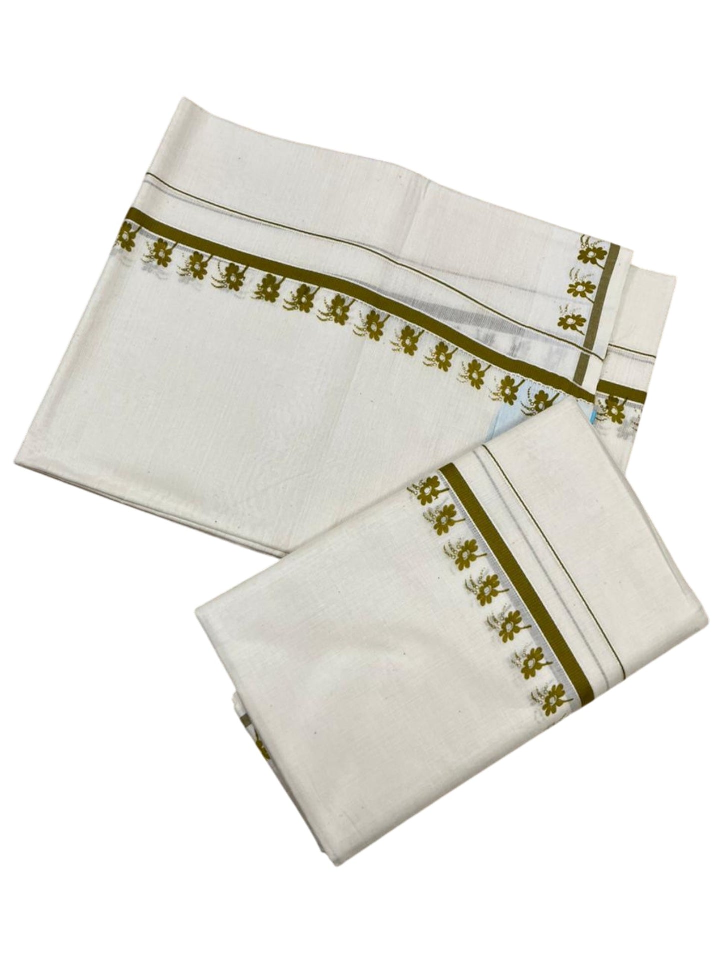 Southloom Pure Cotton Kerala Single Set Mundu (Mundum Neriyathum) with Digital Prints in Olive Green 2.80 Mtrs SL359