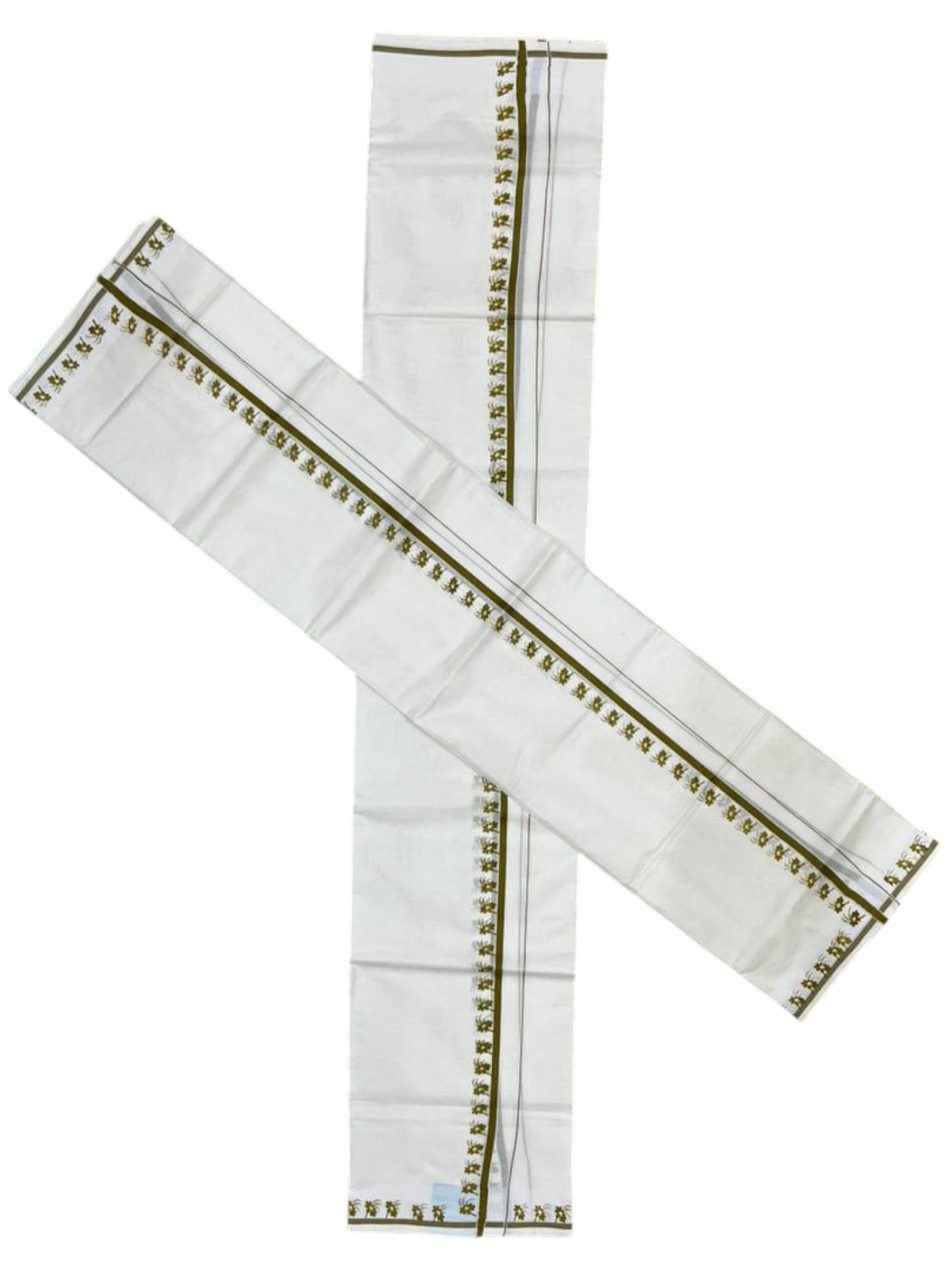 Southloom Pure Cotton Kerala Single Set Mundu (Mundum Neriyathum) with Digital Prints in Olive Green 2.80 Mtrs SL359