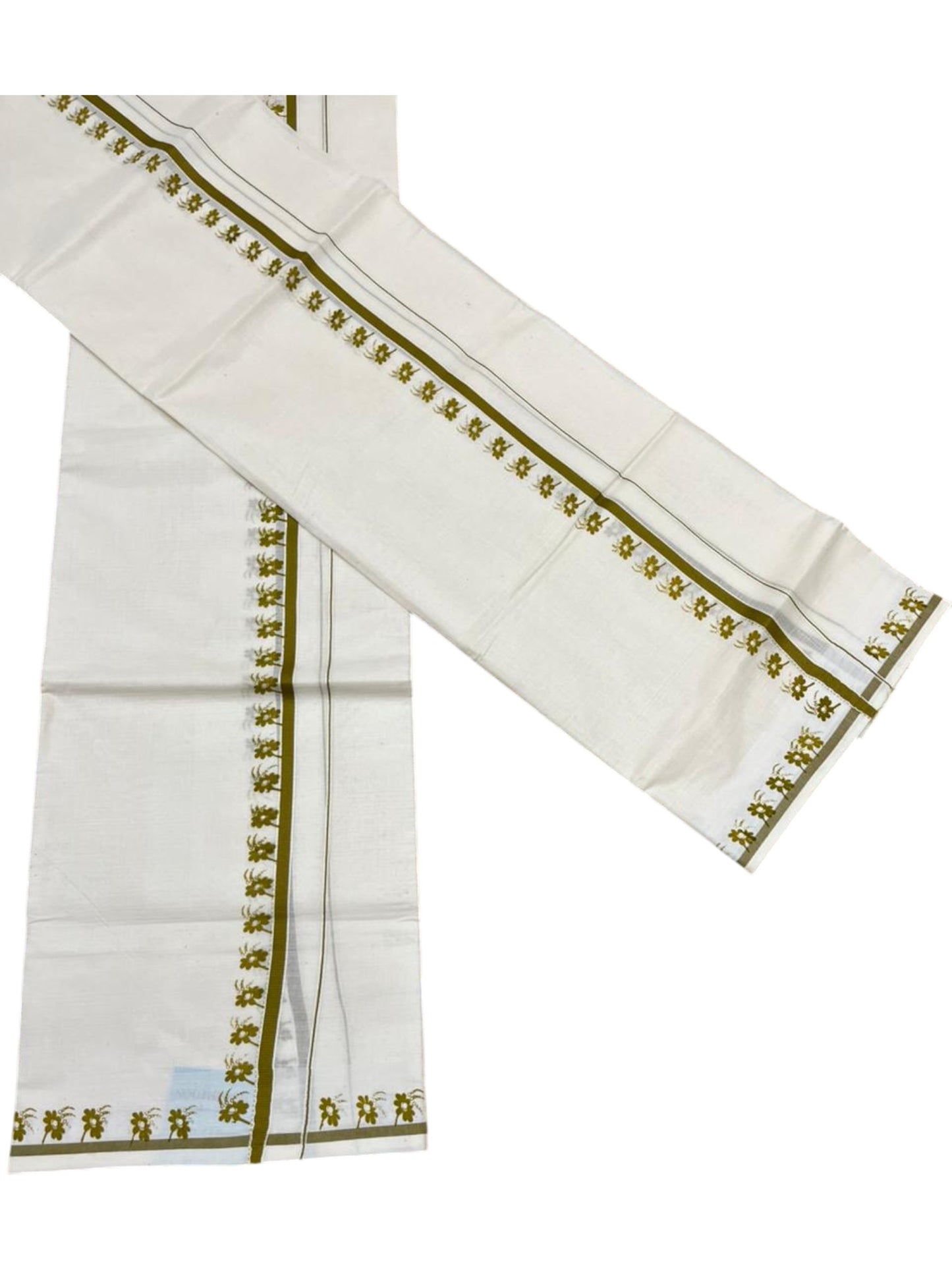 Southloom Pure Cotton Kerala Single Set Mundu (Mundum Neriyathum) with Digital Prints in Olive Green 2.80 Mtrs SL359