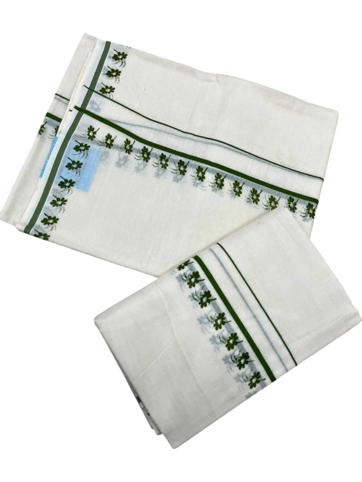 Southloom Pure Cotton Kerala Single Set Mundu (Mundum Neriyathum) with Digital Prints in Olive Green 2.80 Mtrs SL359