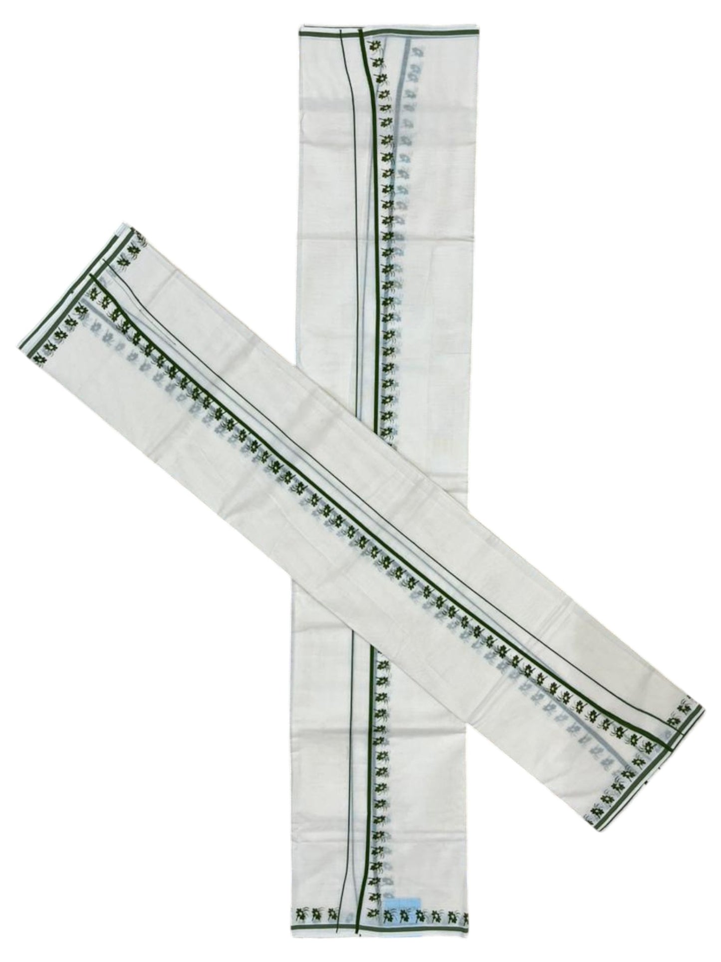 Southloom Pure Cotton Kerala Single Set Mundu (Mundum Neriyathum) with Digital Prints in Olive Green 2.80 Mtrs SL359