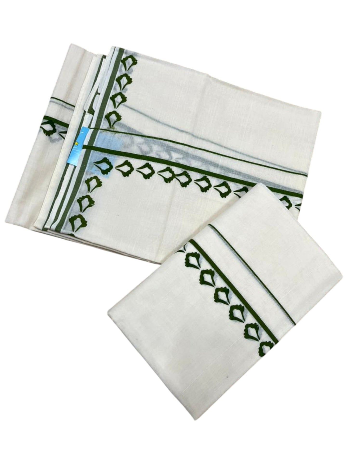Southloom Pure Cotton Kerala Single Set Mundu (Mundum Neriyathum) with Digital Prints in Olive Green 2.80 Mtrs SL359