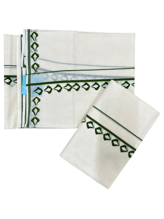 Southloom Pure Cotton Kerala Single Set Mundu (Mundum Neriyathum) with Digital Prints in Olive Green 2.80 Mtrs SL359