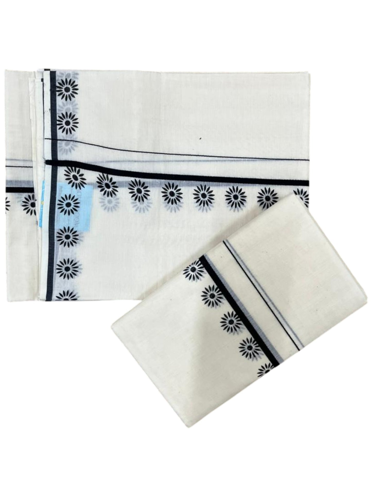 Southloom Pure Cotton Kerala Single Set Mundu (Mundum Neriyathum) with Digital Prints in Black 2.80 Mtrs SL359