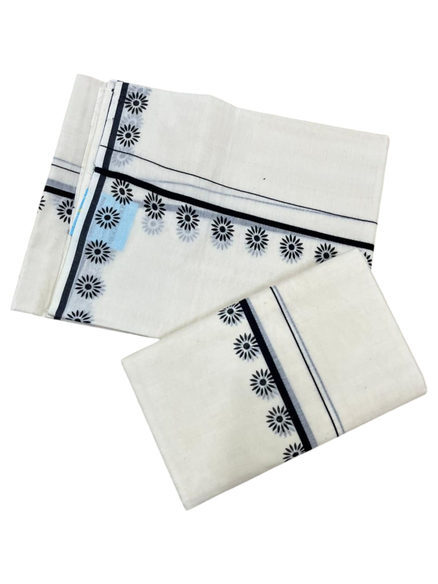 Southloom Pure Cotton Kerala Single Set Mundu (Mundum Neriyathum) with Digital Prints in Black 2.80 Mtrs SL359