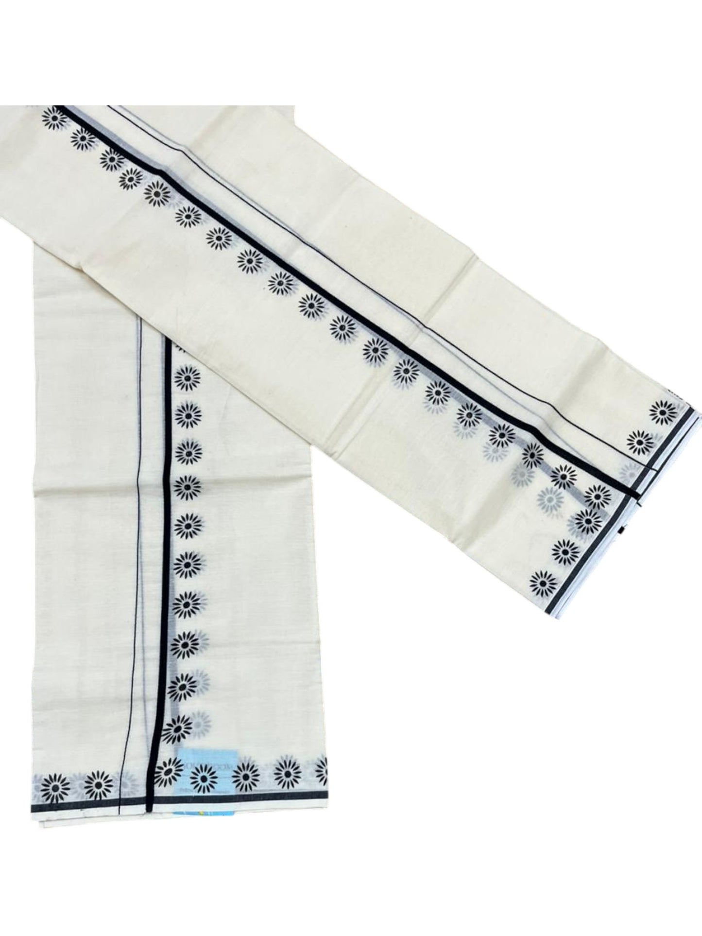 Southloom Pure Cotton Kerala Single Set Mundu (Mundum Neriyathum) with Digital Prints in Black 2.80 Mtrs SL359