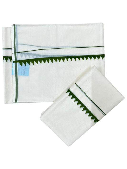 Southloom Pure Cotton Kerala Single Set Mundu (Mundum Neriyathum) with Temple Design in Olive Green 2.80 Mtrs SL360