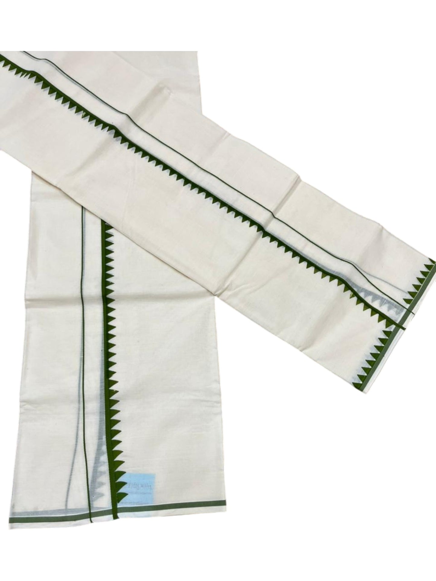 Southloom Pure Cotton Kerala Single Set Mundu (Mundum Neriyathum) with Temple Design in Olive Green 2.80 Mtrs SL360