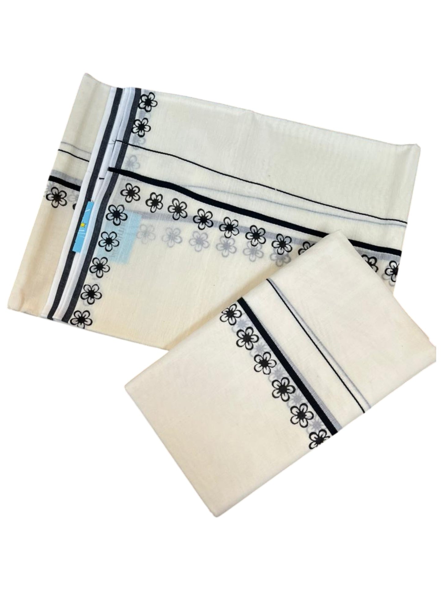 Southloom Pure Cotton Kerala Single Set Mundu (Mundum Neriyathum) with Digital Prints in Black 2.80 Mtrs SL359