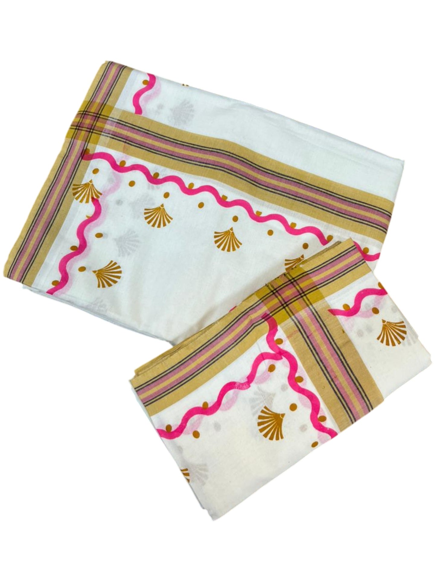 Southloom Kerala Mulloth Cotton Single Mundum Neriyathum with Digital Prints in Pink 2.75 Mtrs SL372