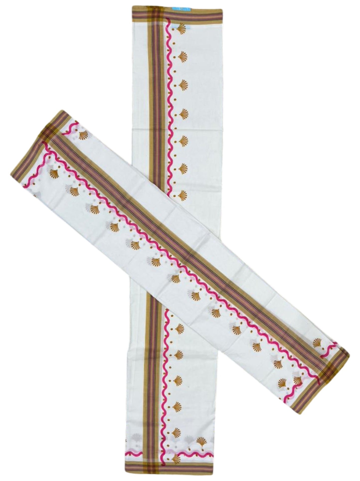 Southloom Kerala Mulloth Cotton Single Mundum Neriyathum with Digital Prints in Pink 2.75 Mtrs SL372