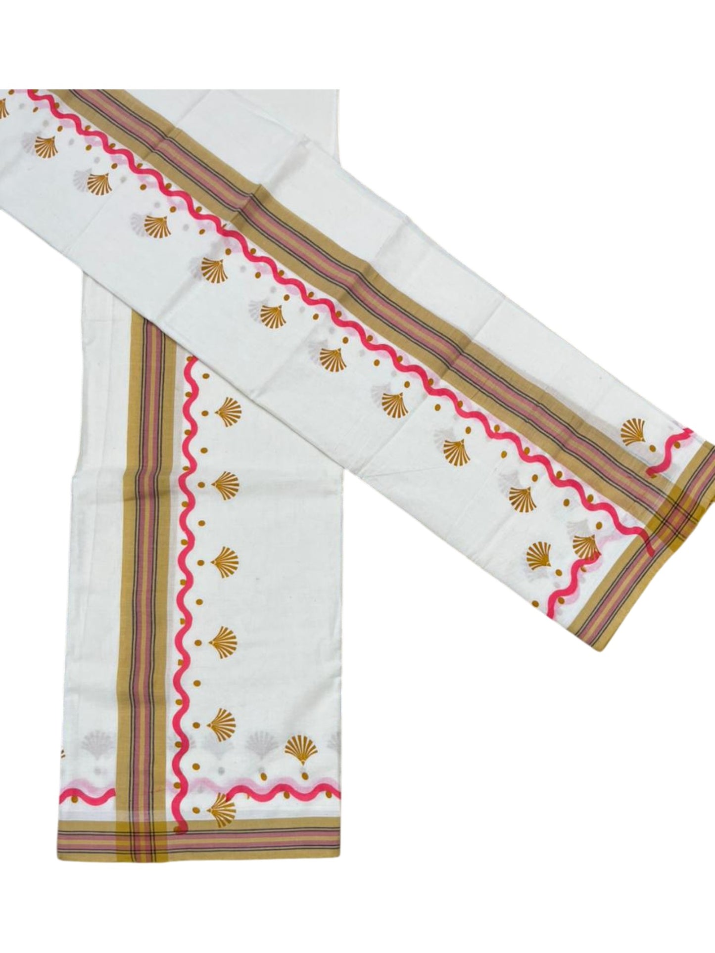 Southloom Kerala Mulloth Cotton Single Mundum Neriyathum with Digital Prints in Pink 2.75 Mtrs SL372