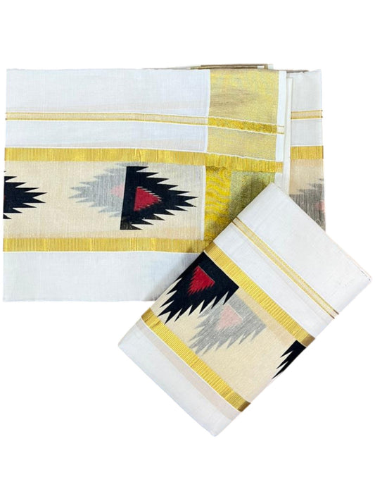 Southloom Pure Cotton Set Mundu with Gold Kasavu and Temple Digital Print in Black and Red 2.80 Mtrs SL369