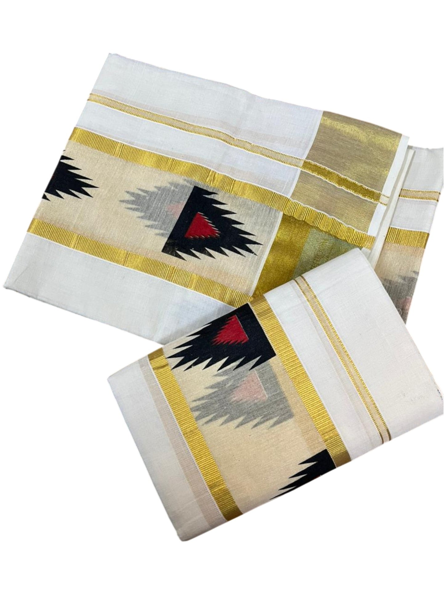 Southloom Pure Cotton Set Mundu with Gold Kasavu and Temple Digital Print in Black and Red 2.80 Mtrs SL369