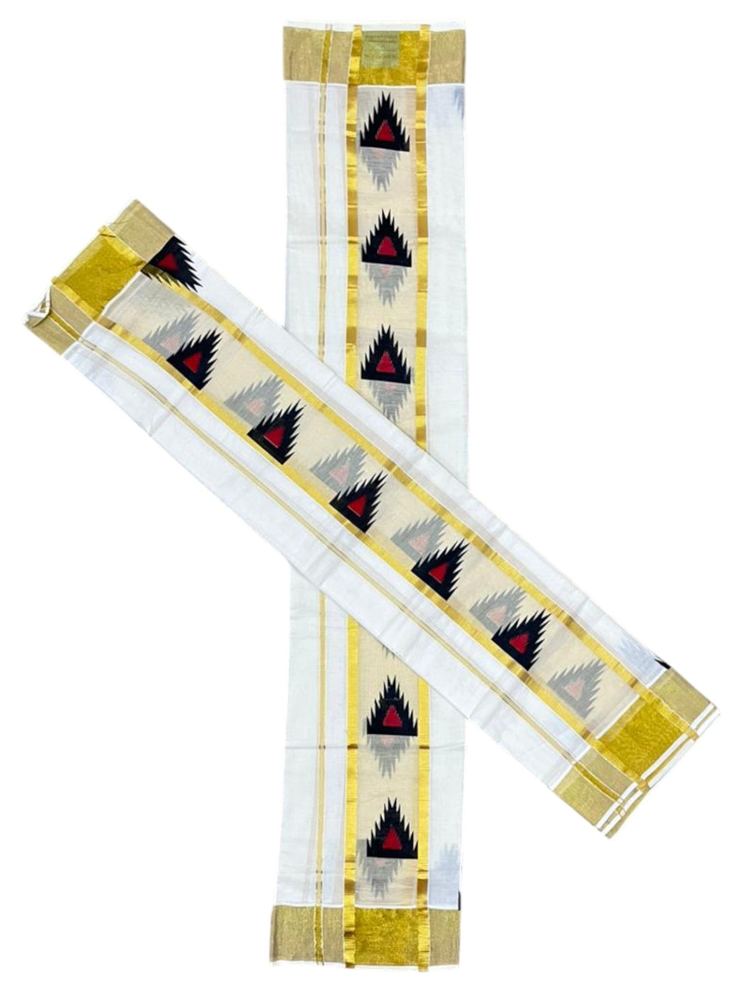 Southloom Pure Cotton Set Mundu with Gold Kasavu and Temple Digital Print in Black and Red 2.80 Mtrs SL369