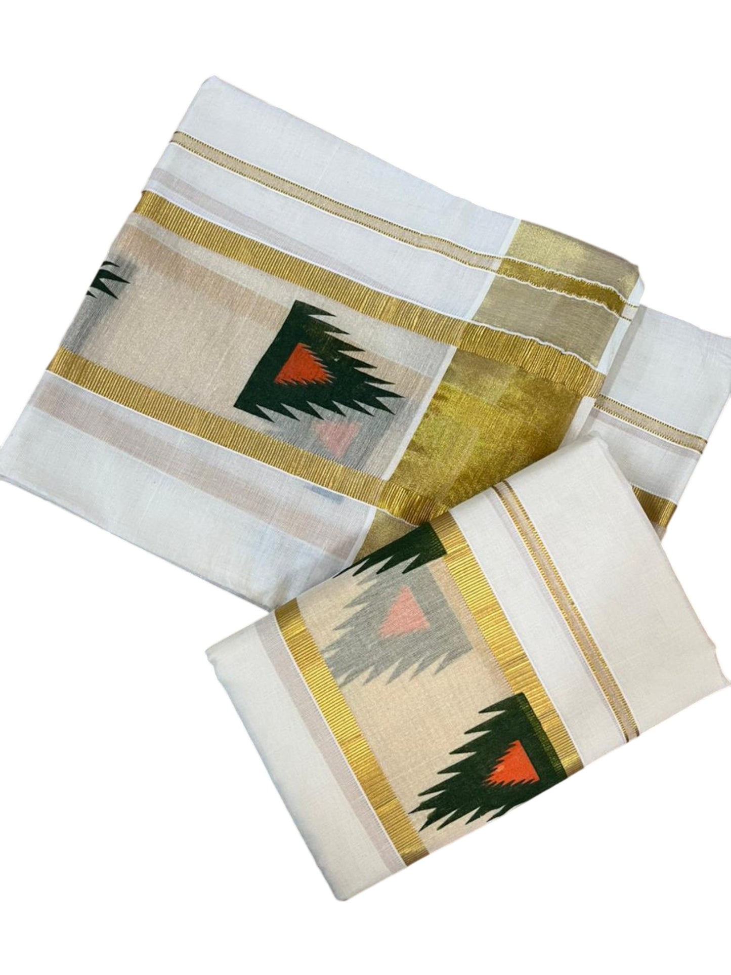 Southloom Pure Cotton Set Mundu with Gold Kasavu and Temple Digital Print in Green and Orange 2.80 Mtrs SL369