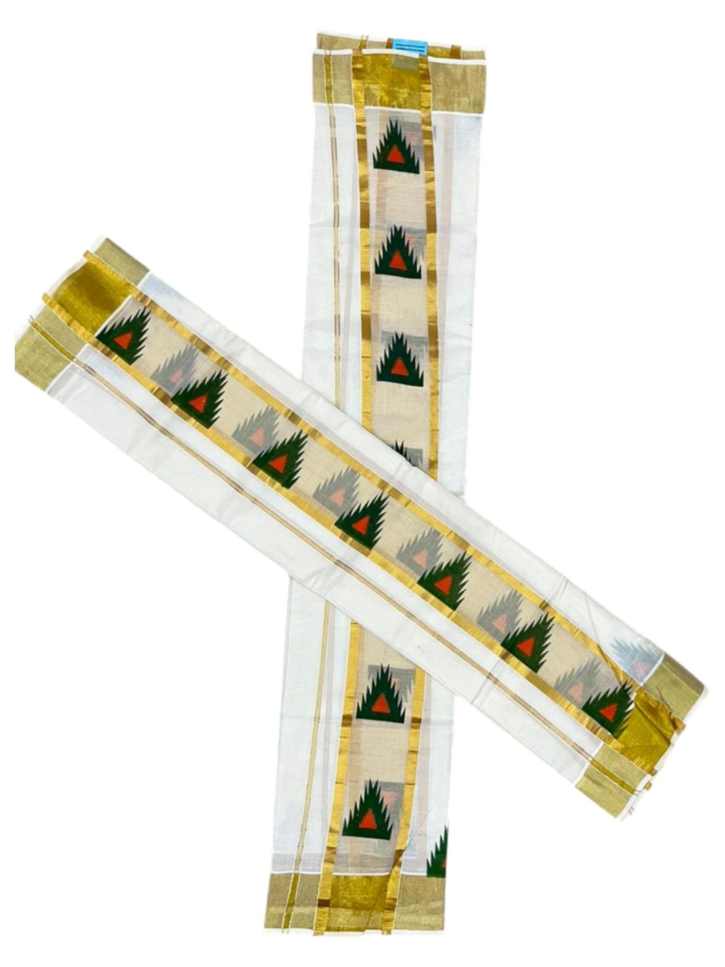 Southloom Pure Cotton Set Mundu with Gold Kasavu and Temple Digital Print in Green and Orange 2.80 Mtrs SL369
