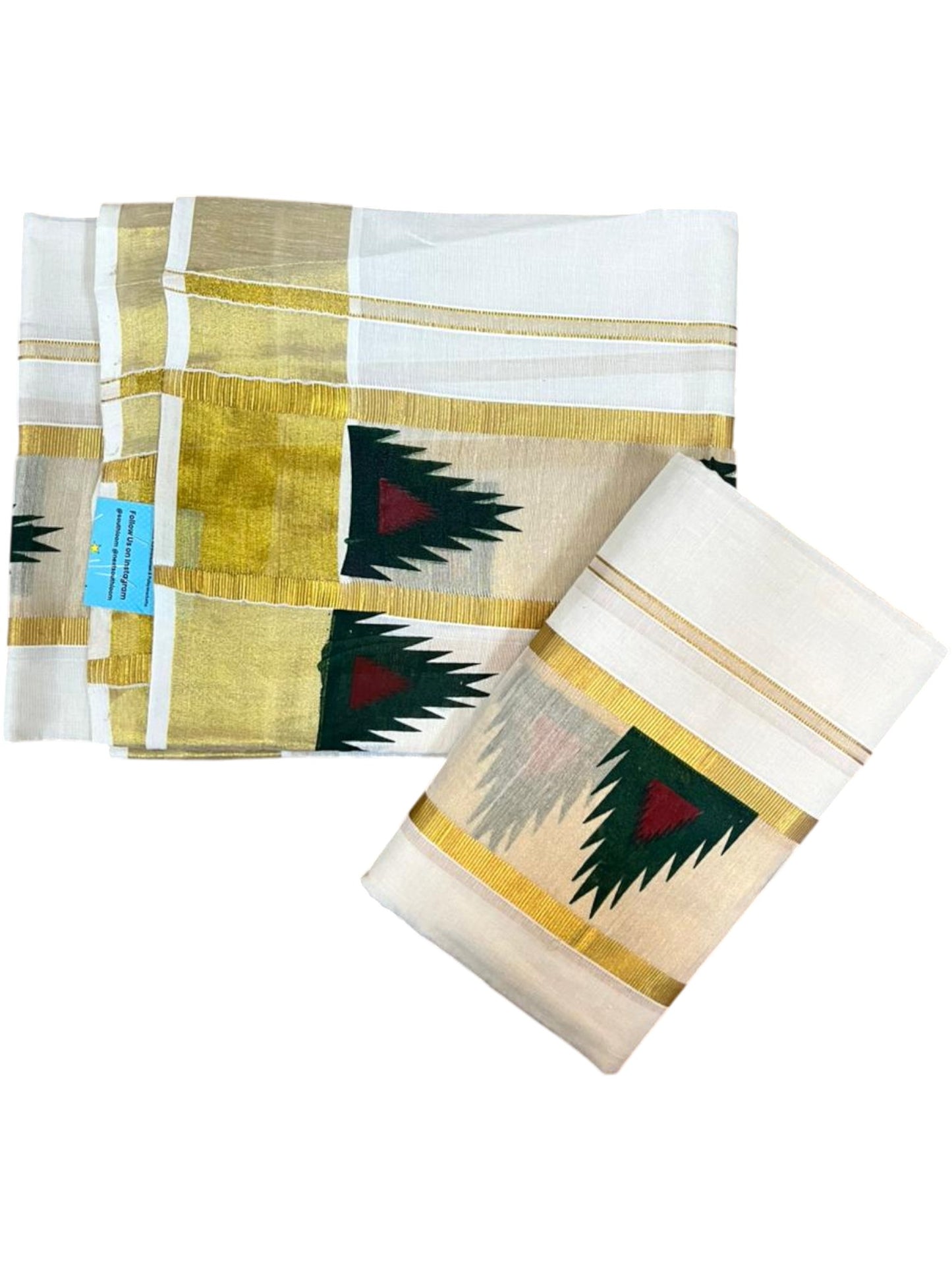 Southloom Pure Cotton Set Mundu with Gold Kasavu and Temple Digital Print in Green and Maroon 2.80 Mtrs SL369