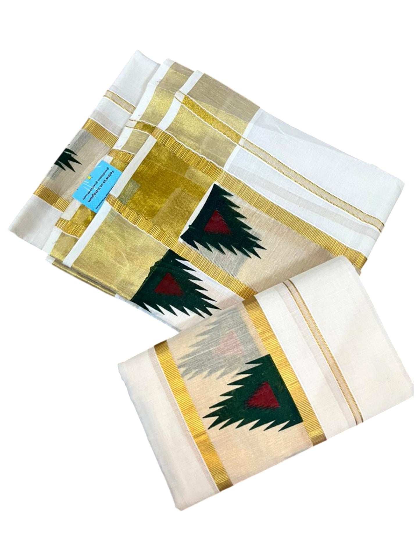 Southloom Pure Cotton Set Mundu with Gold Kasavu and Temple Digital Print in Green and Maroon 2.80 Mtrs SL369