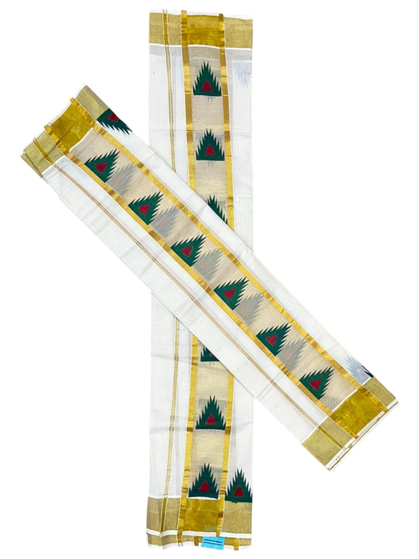Southloom Pure Cotton Set Mundu with Gold Kasavu and Temple Digital Print in Green and Maroon 2.80 Mtrs SL369