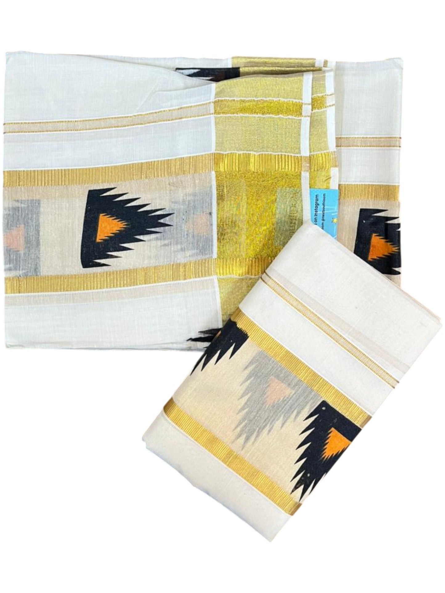 Southloom Pure Cotton Set Mundu with Gold Kasavu and Temple Digital Print in Black and Orange 2.80 Mtrs SL369