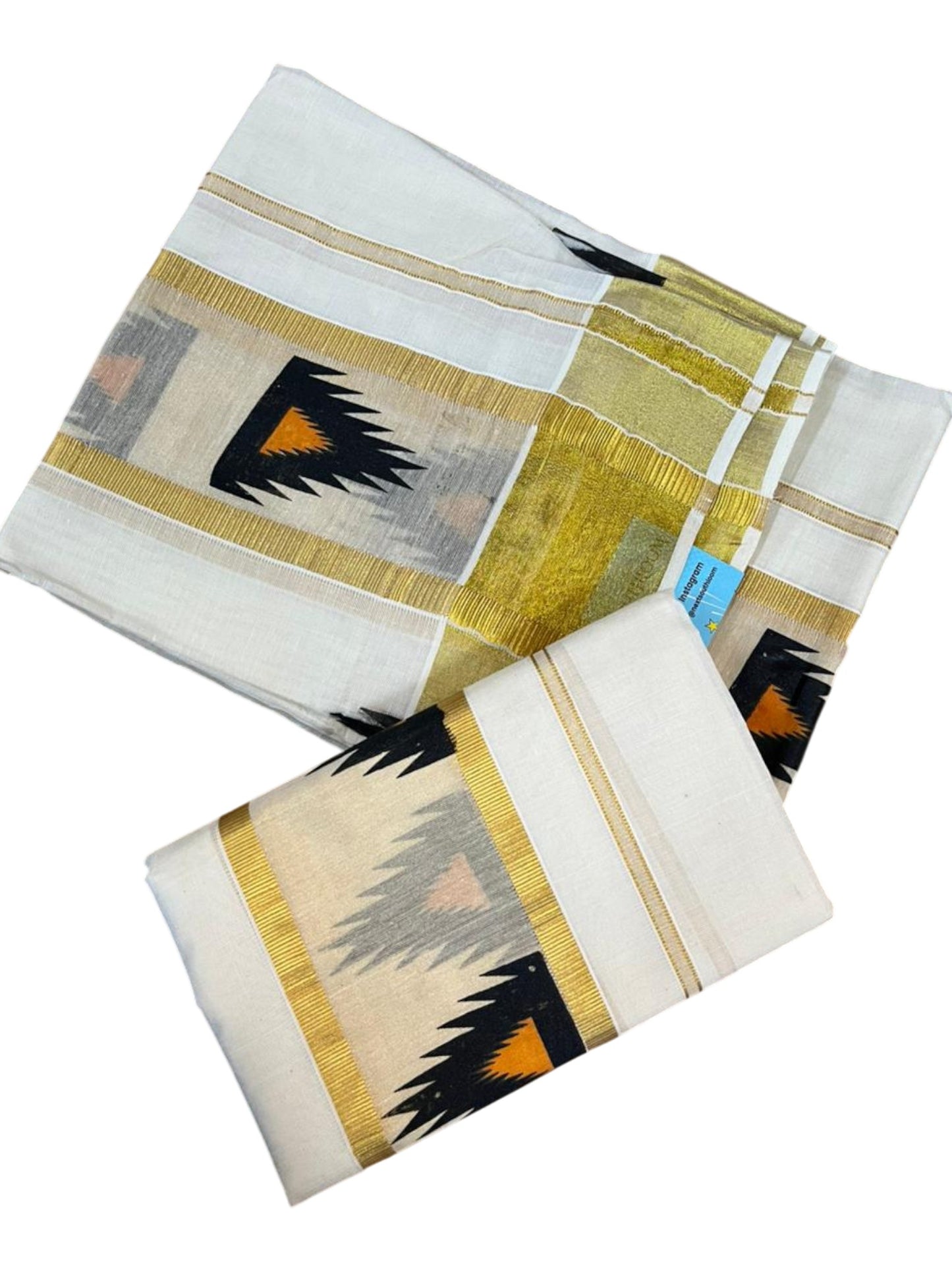 Southloom Pure Cotton Set Mundu with Gold Kasavu and Temple Digital Print in Black and Orange 2.80 Mtrs SL369