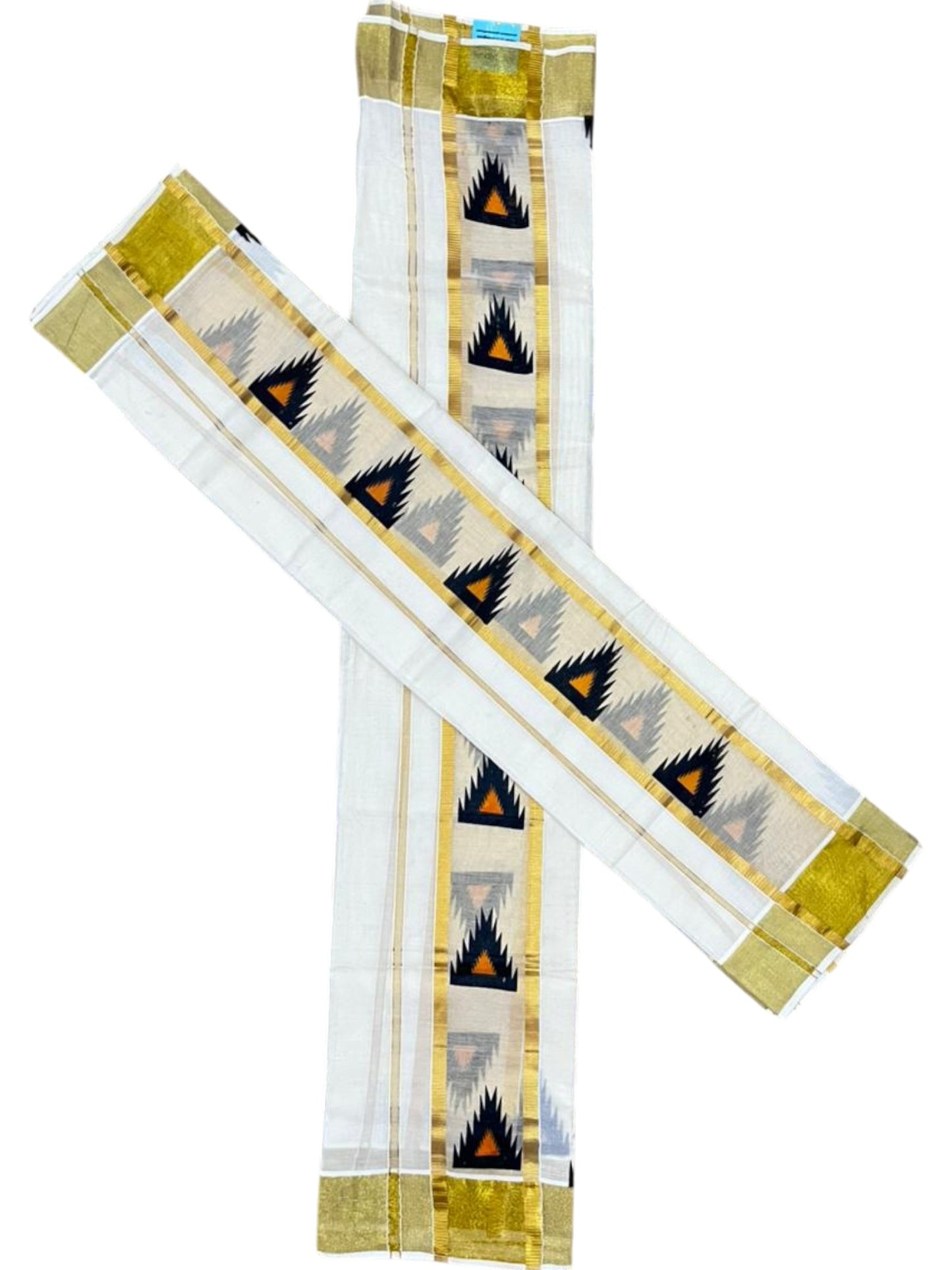 Southloom Pure Cotton Set Mundu with Gold Kasavu and Temple Digital Print in Black and Orange 2.80 Mtrs SL369