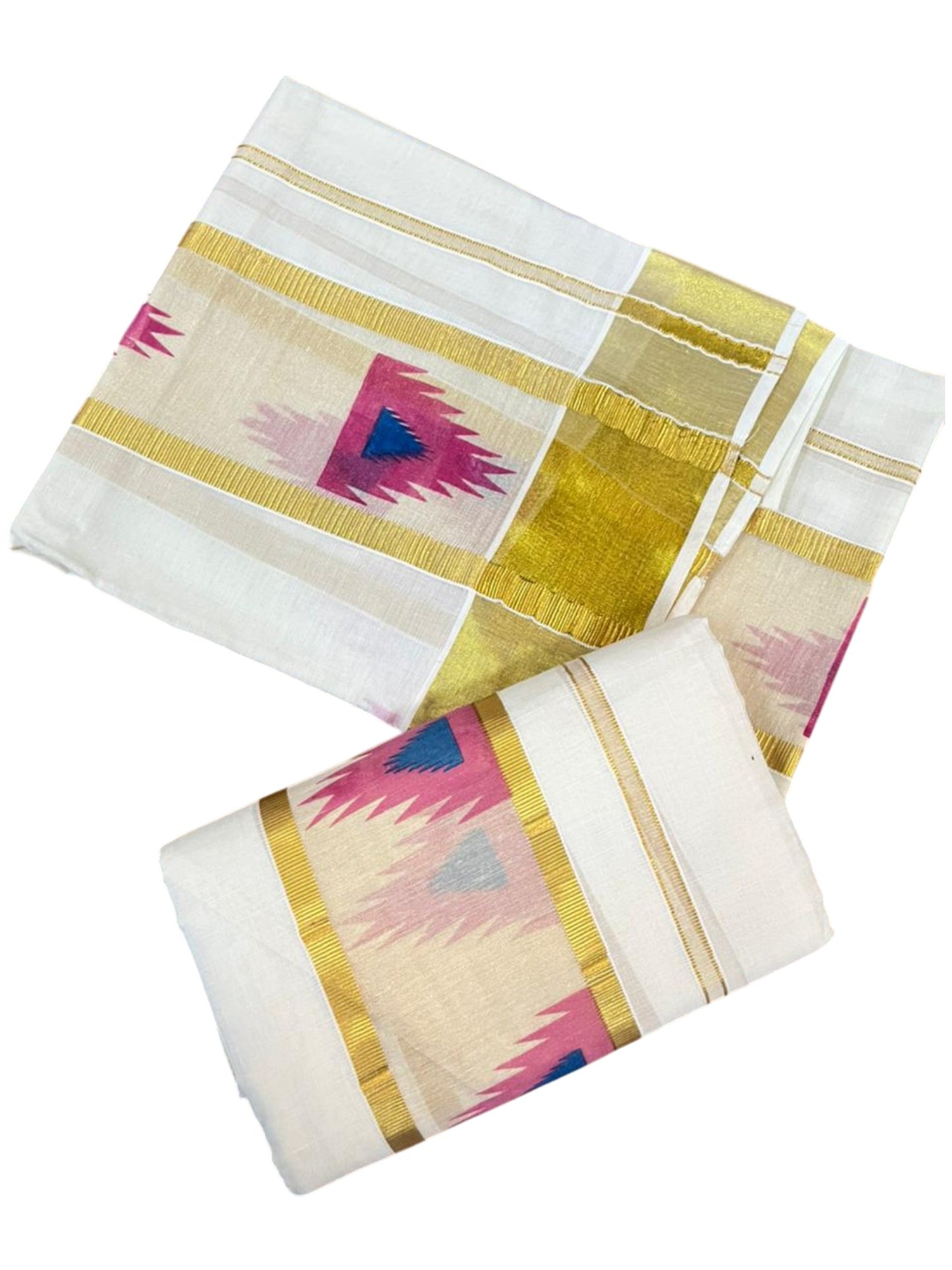 Southloom Pure Cotton Set Mundu with Gold Kasavu and Temple Digital Print in Pink and Blue 2.80 Mtrs SL369