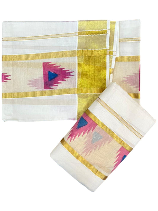 Southloom Pure Cotton Set Mundu with Gold Kasavu and Temple Digital Print in Pink and Blue 2.80 Mtrs SL369
