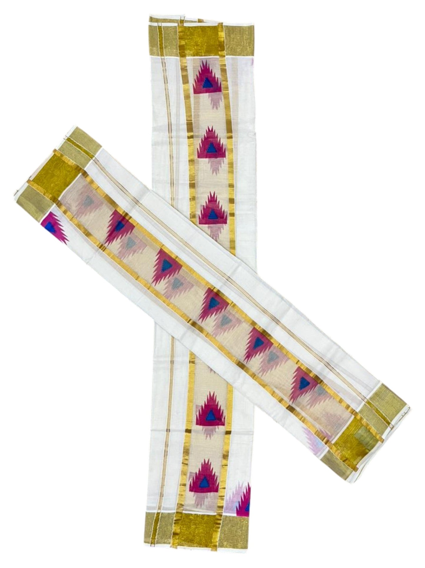 Southloom Pure Cotton Set Mundu with Gold Kasavu and Temple Digital Print in Pink and Blue 2.80 Mtrs SL369
