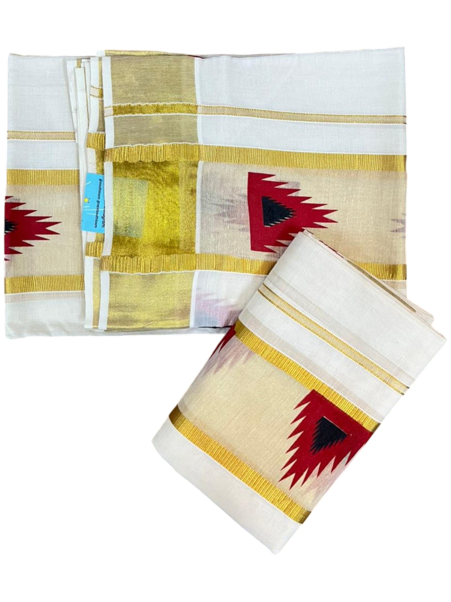 Southloom Pure Cotton Set Mundu with Gold Kasavu and Temple Digital Print in Red and Black 2.80 Mtrs SL369