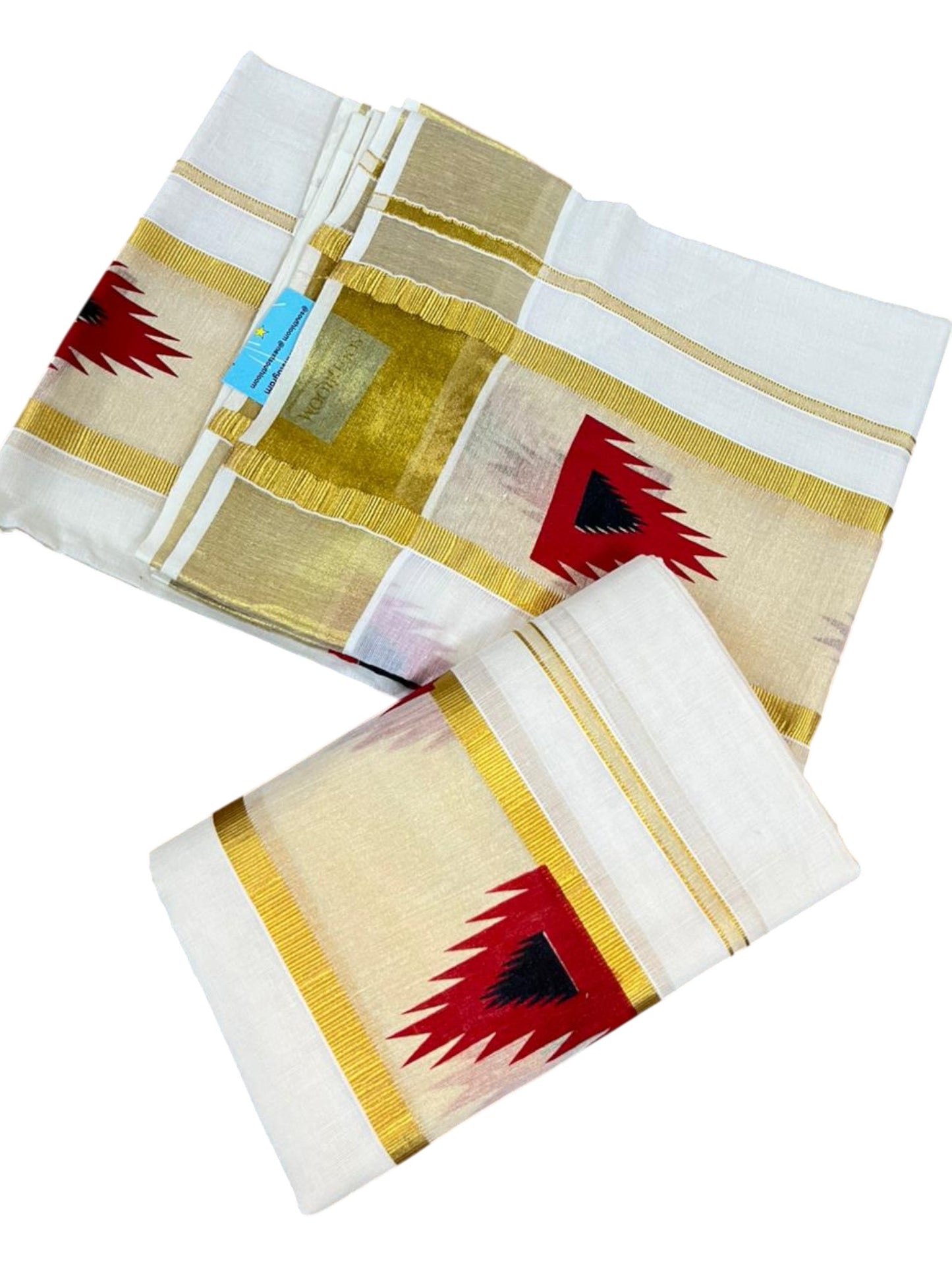 Southloom Pure Cotton Set Mundu with Gold Kasavu and Temple Digital Print in Red and Black 2.80 Mtrs SL369