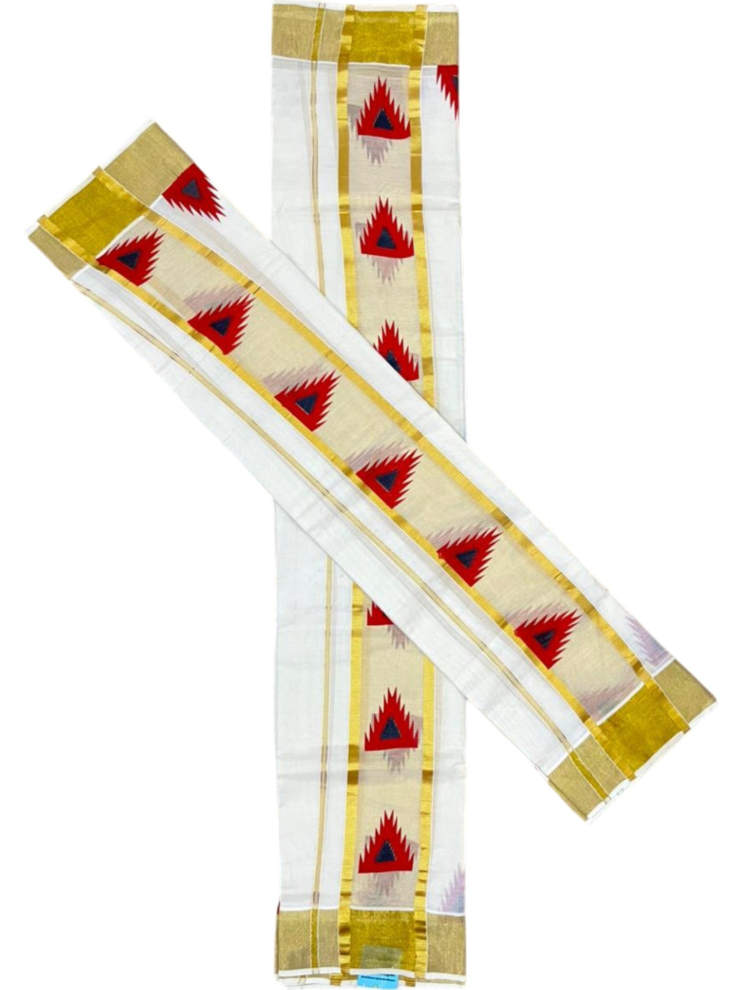 Southloom Pure Cotton Set Mundu with Gold Kasavu and Temple Digital Print in Red and Black 2.80 Mtrs SL369