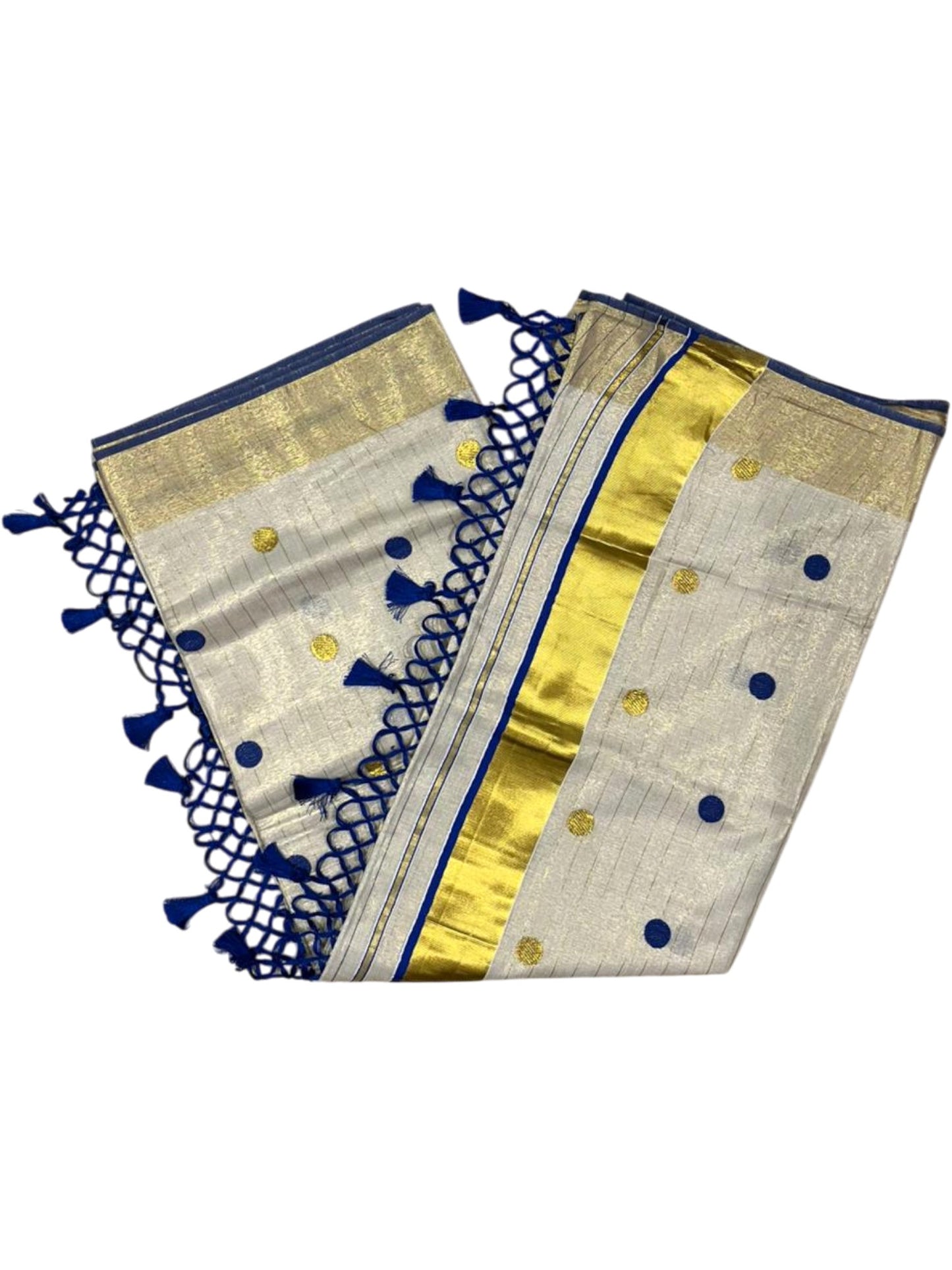 Southloom Kerala Tissue Kasavu Saree with Gold Polka Embroidery Works on Body in Blue