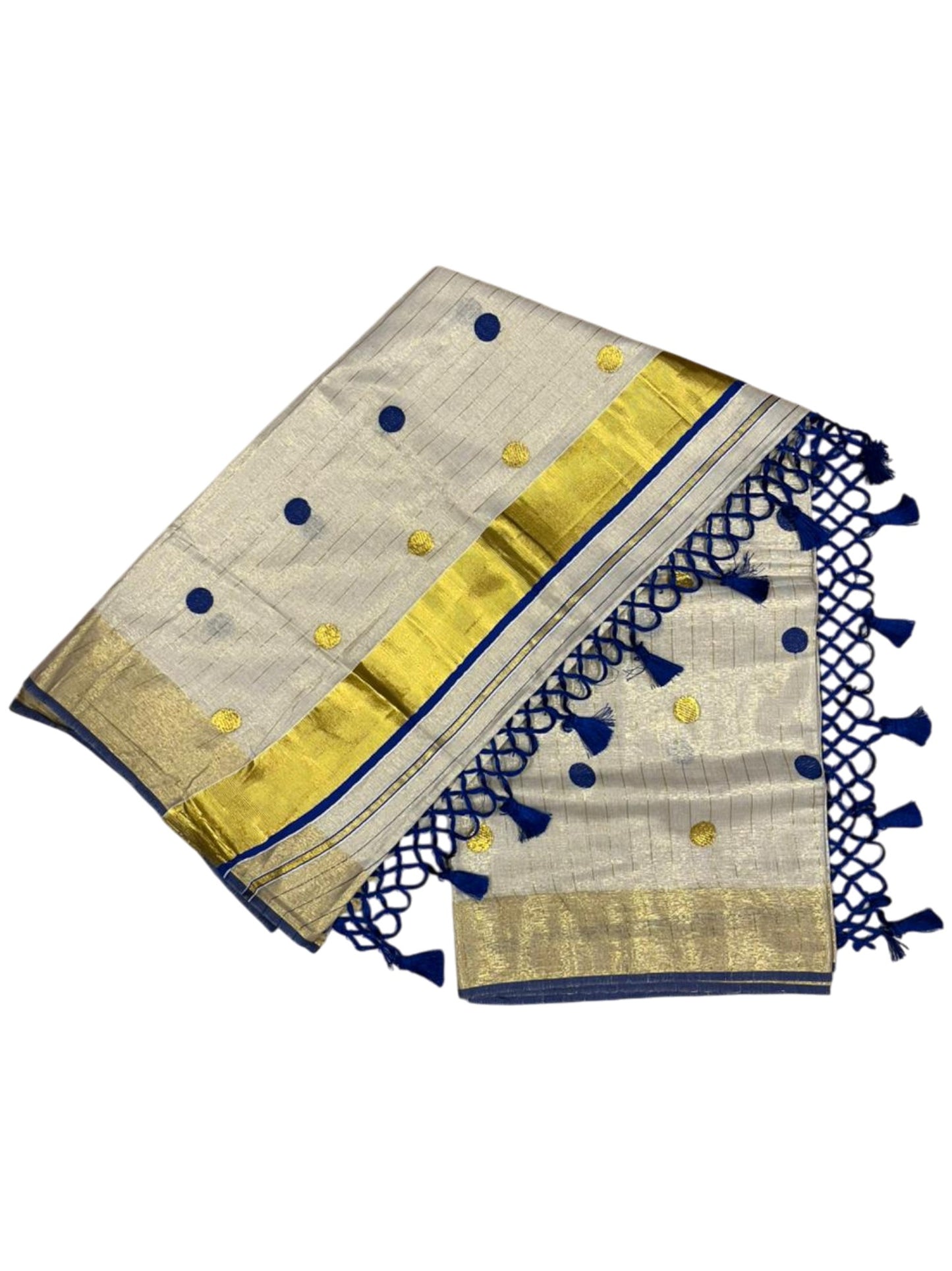 Southloom Kerala Tissue Kasavu Saree with Gold Polka Embroidery Works on Body in Blue