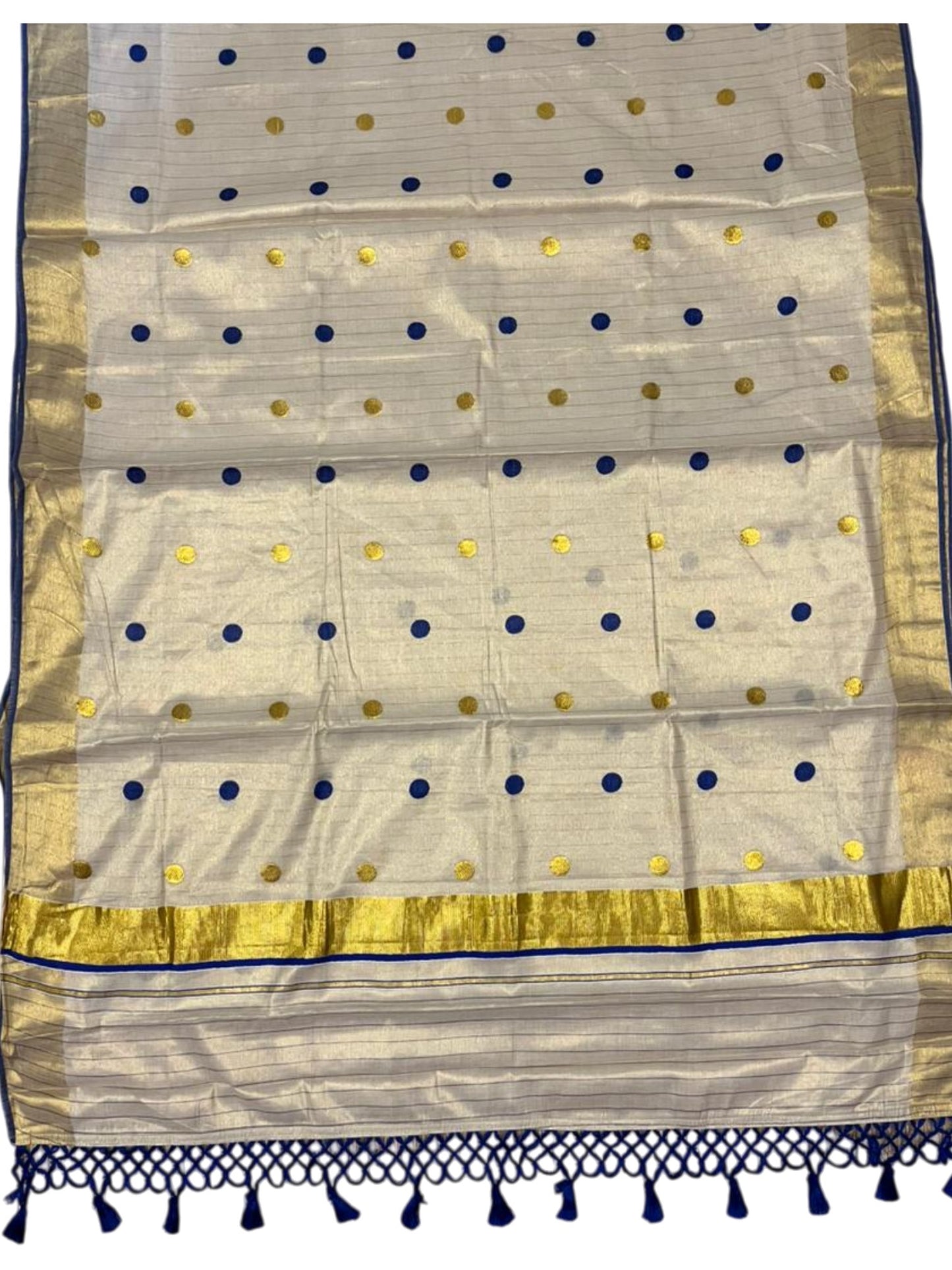 Southloom Kerala Tissue Kasavu Saree with Gold Polka Embroidery Works on Body in Blue