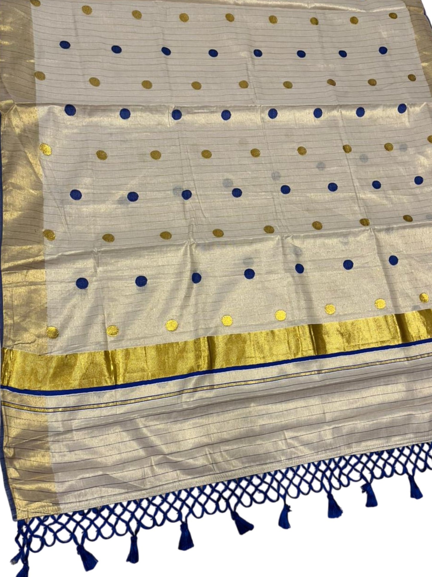 Southloom Kerala Tissue Kasavu Saree with Gold Polka Embroidery Works on Body in Blue