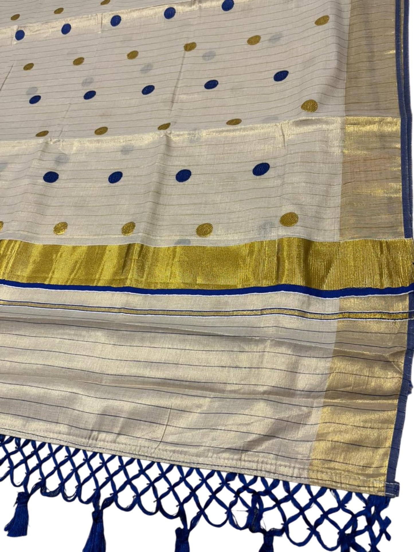 Southloom Kerala Tissue Kasavu Saree with Gold Polka Embroidery Works on Body in Blue