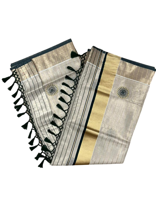Southloom Kerala Tissue Kasavu Saree with Embroidery Works on Body in Green