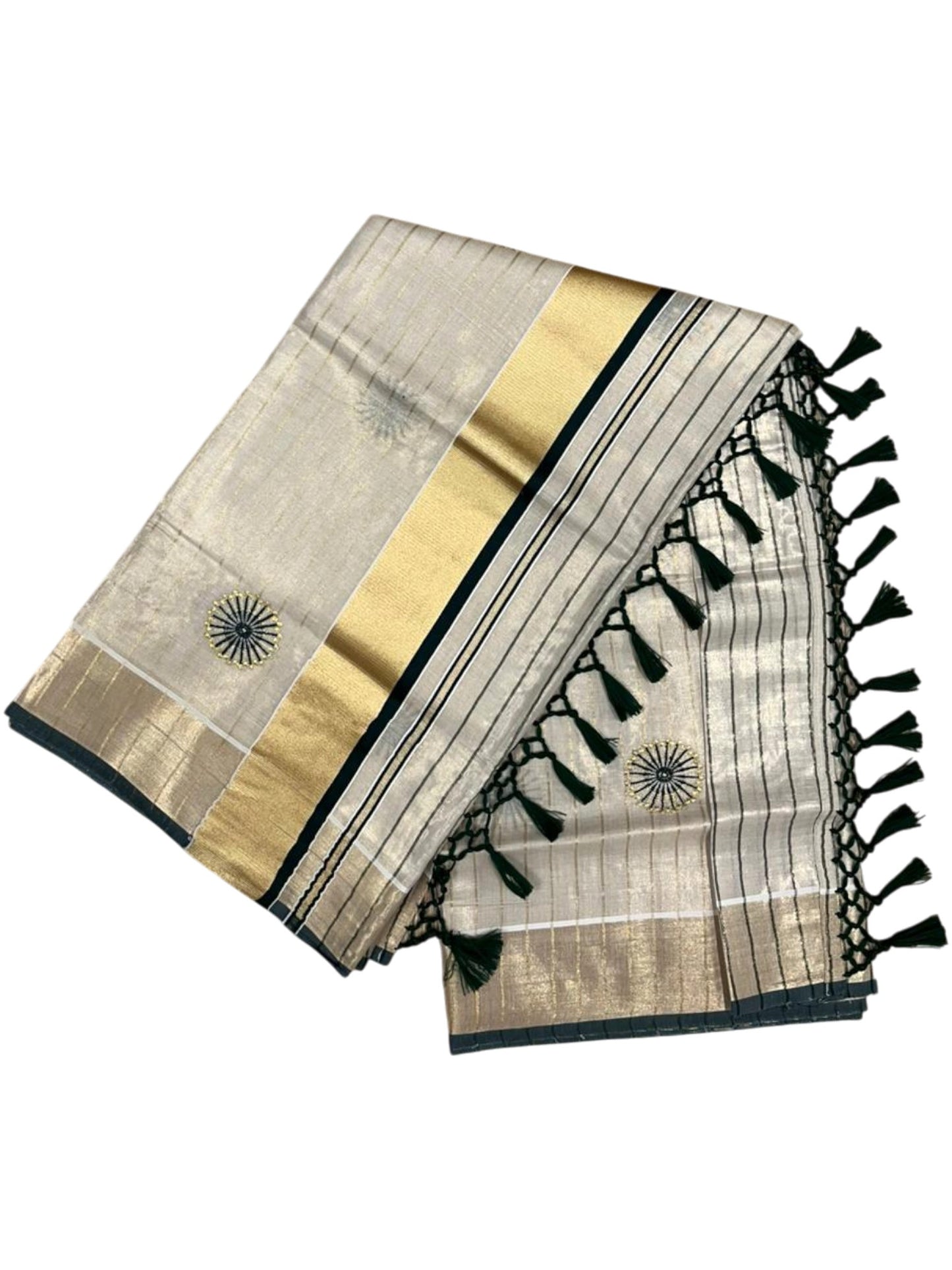Southloom Kerala Tissue Kasavu Saree with Embroidery Works on Body in Green