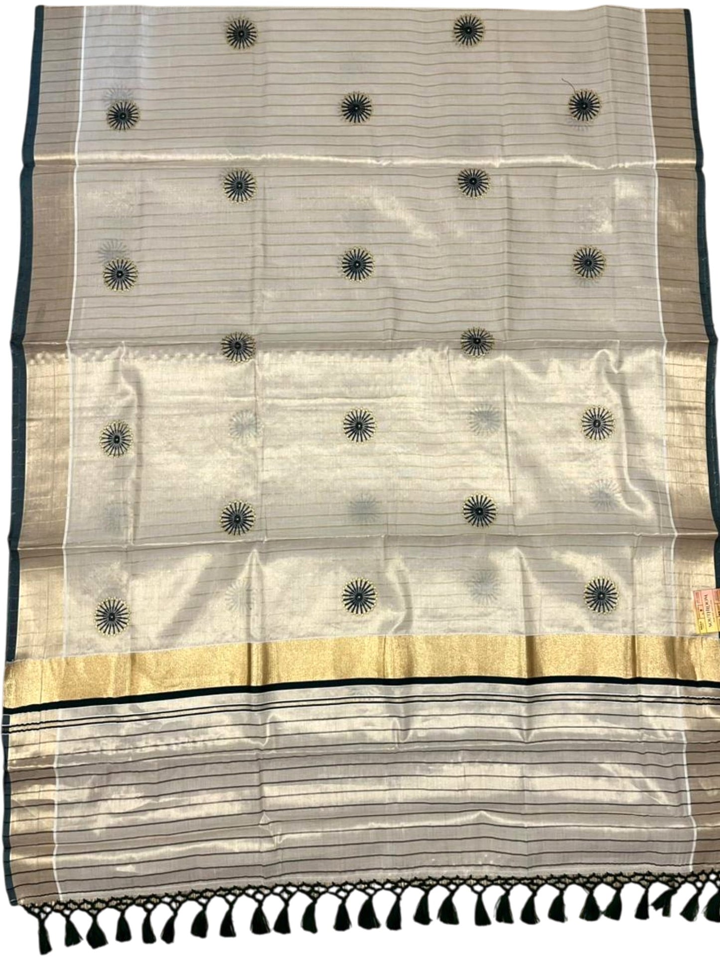 Southloom Kerala Tissue Kasavu Saree with Embroidery Works on Body in Green